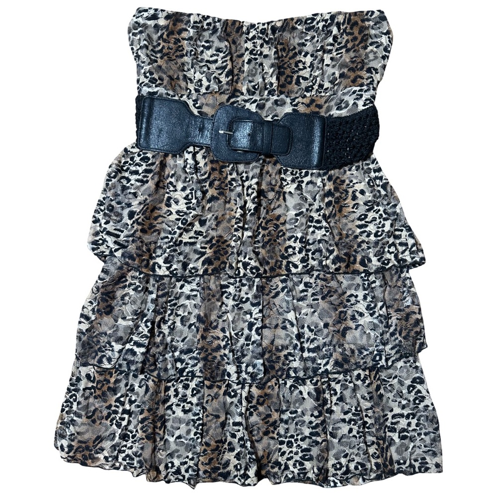 Deb Y2K Leopard Print Strapless Tiered Mini Dress Black Belt Size M